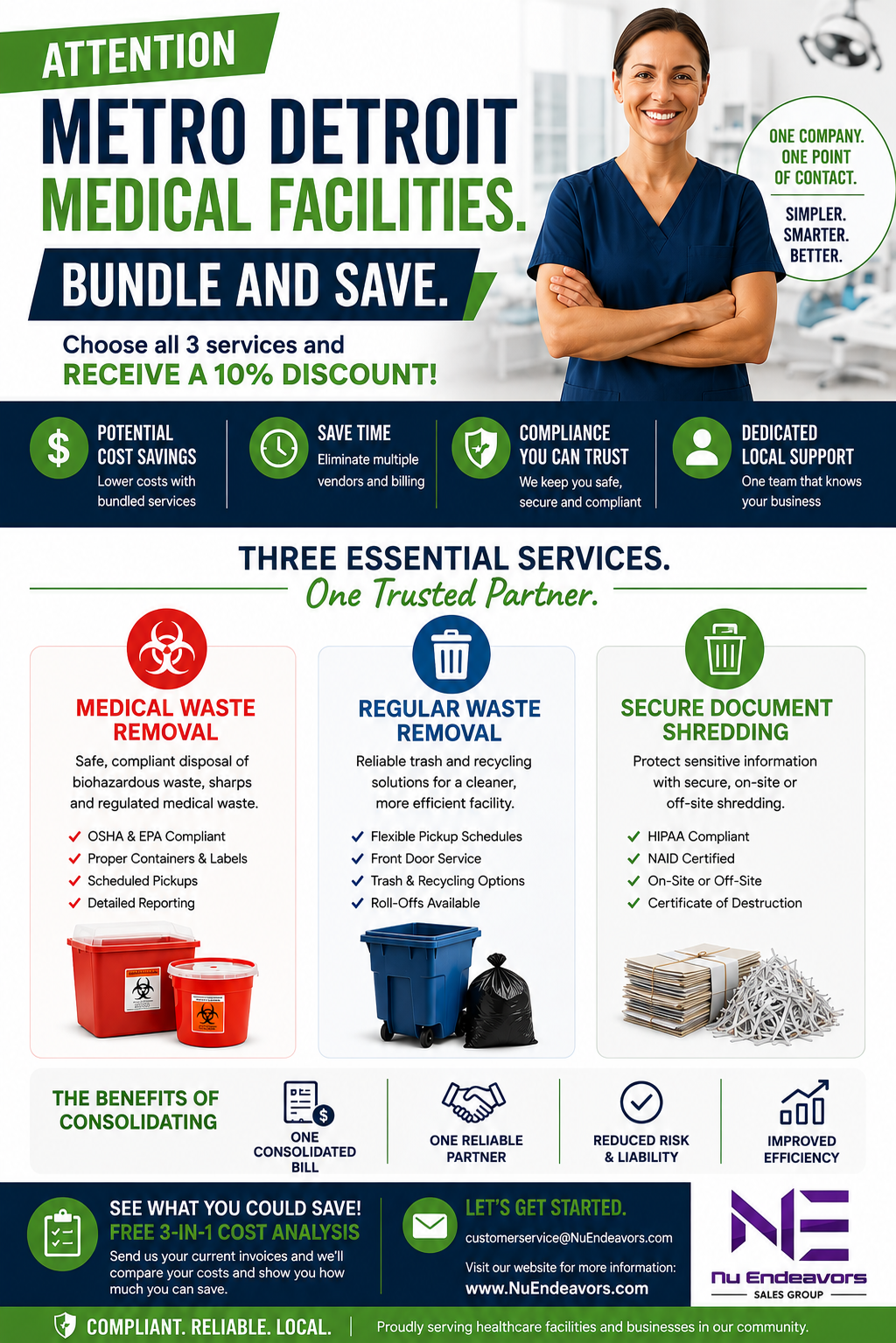 Bundle & Save — Metro Detroit Medical Facilities promotional flyer showing 10% discount on medical waste, regular waste, and document shredding