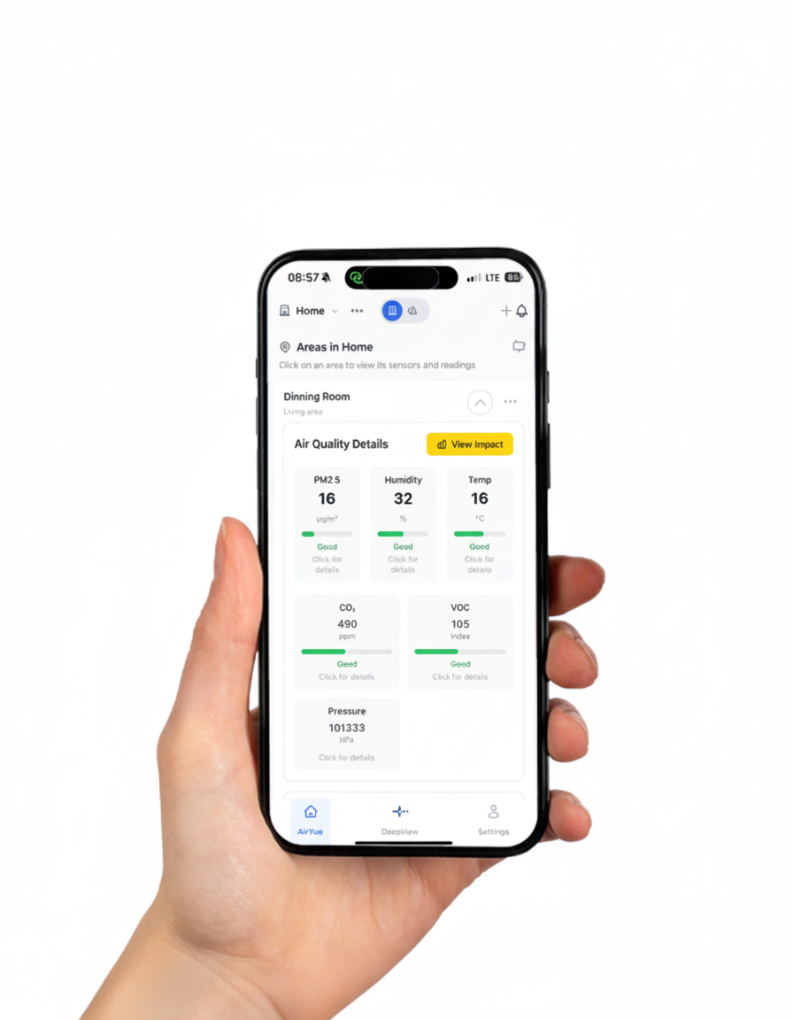 SensusAir AirVue mobile app showing air quality details including PM2.5, humidity, temperature, CO2, and VOC readings