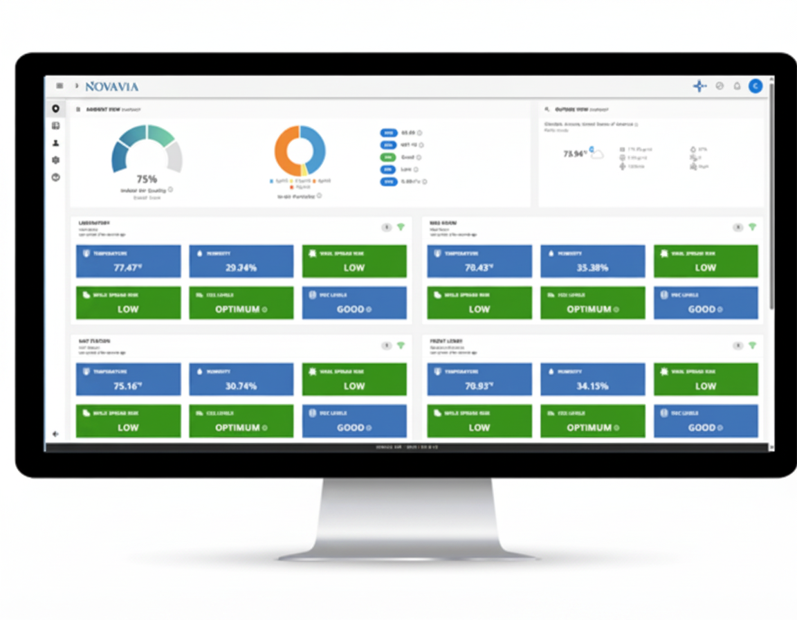 NOVAVIA desktop dashboard showing multi-room air quality metrics including temperature, humidity, CO2, and viral spread risk